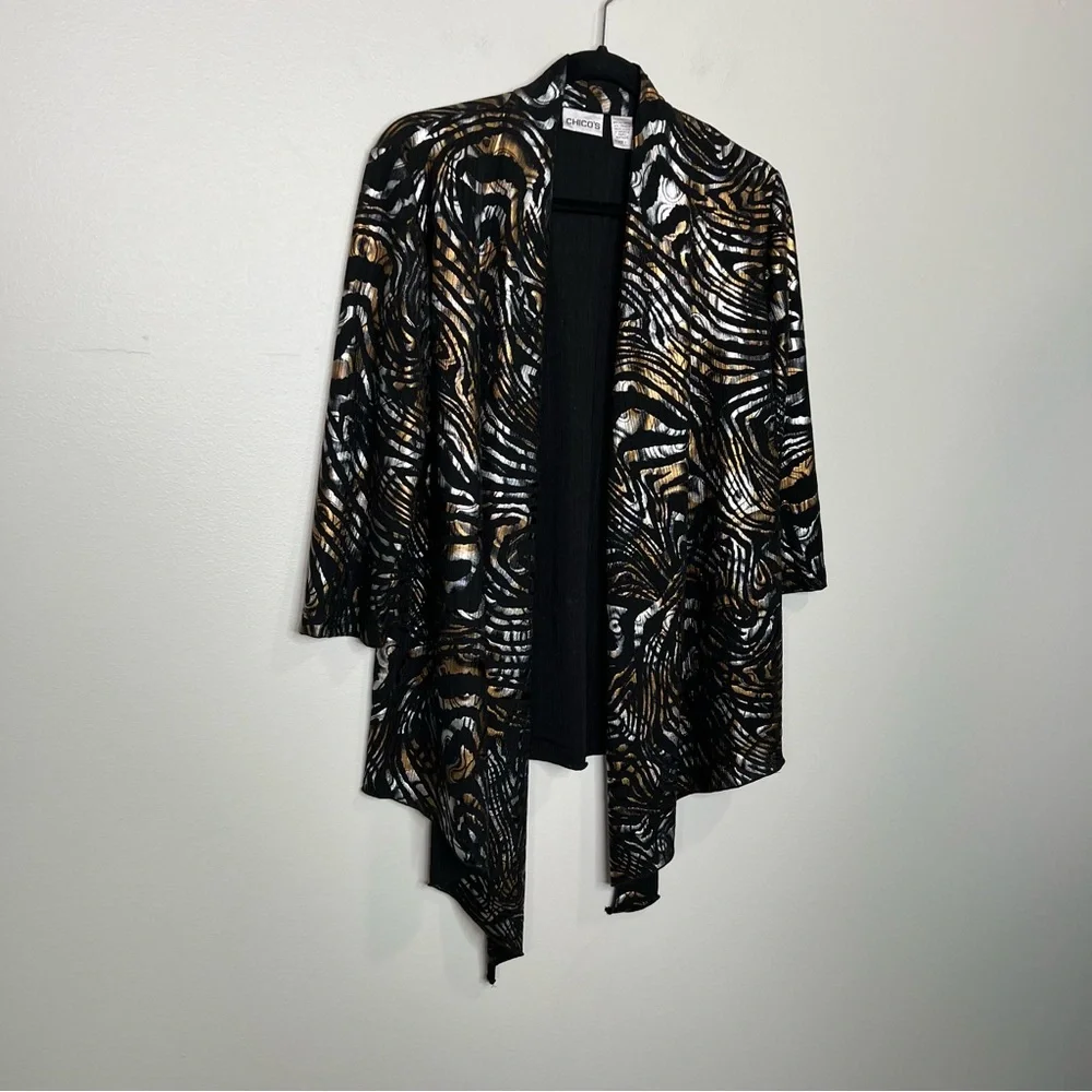 CHICO'S Glam Metallic Gold Silver and Black Open Front Cardigan Layer size 1 - Picture 4 of 10